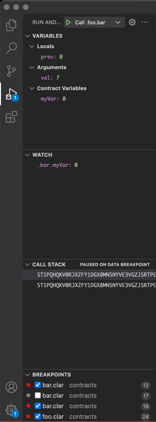 view of the sidebar, showing variables, watchpoints, and call stack